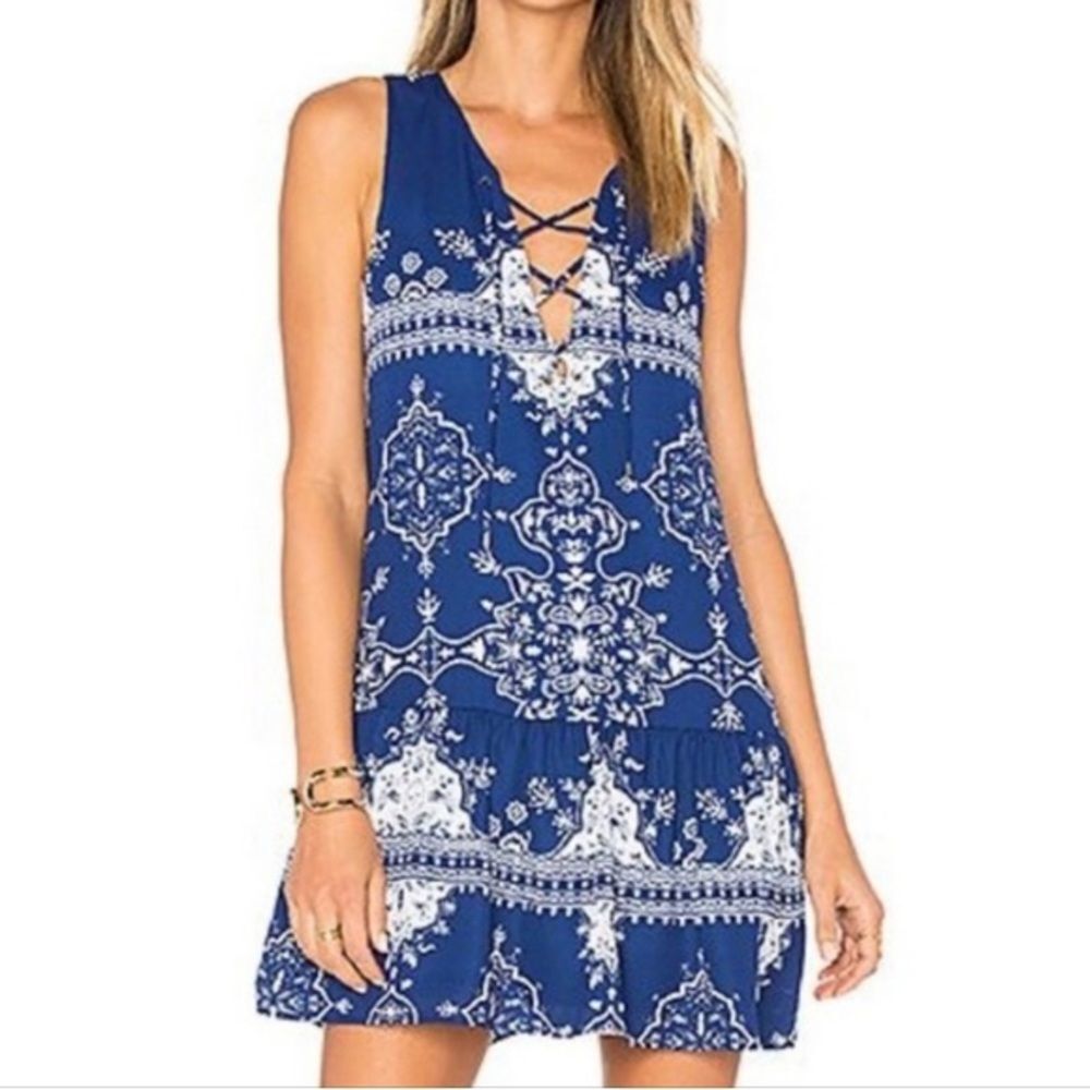 Lovers + Friends Blue & White Sleeveless Temple Dress Size M